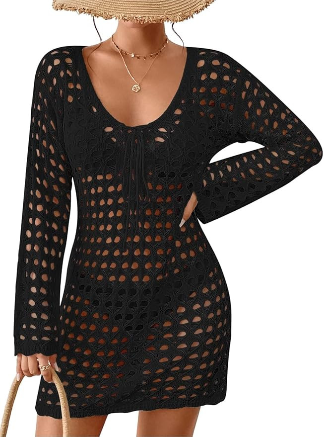 Eddoyee Crochet Cover Ups for Swimwear Women Hollow Out Mesh Swimsuit Coverup Long Sleeve Beach B... | Amazon (US)
