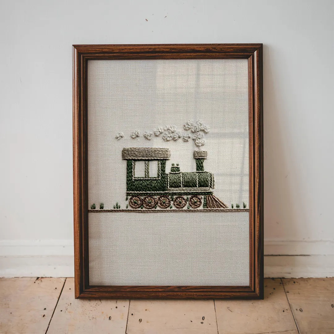 Vintage Train Embroidery Wall Art PRINTABLE for Boy Room Toddler Nursery Rustic Engine Stitch Ill... | Etsy (US)