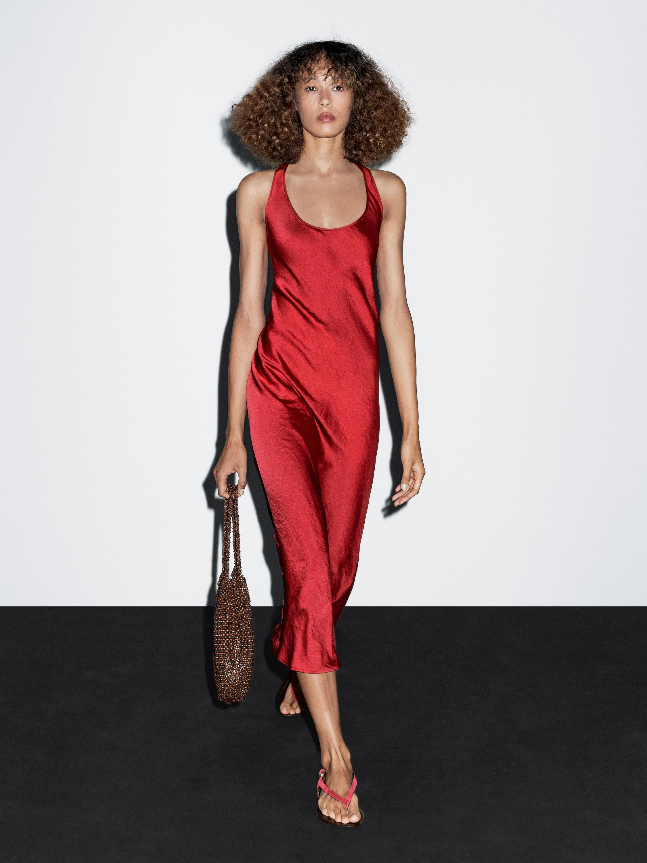 Long satin dress with round neckline | Massimo Dutti UK