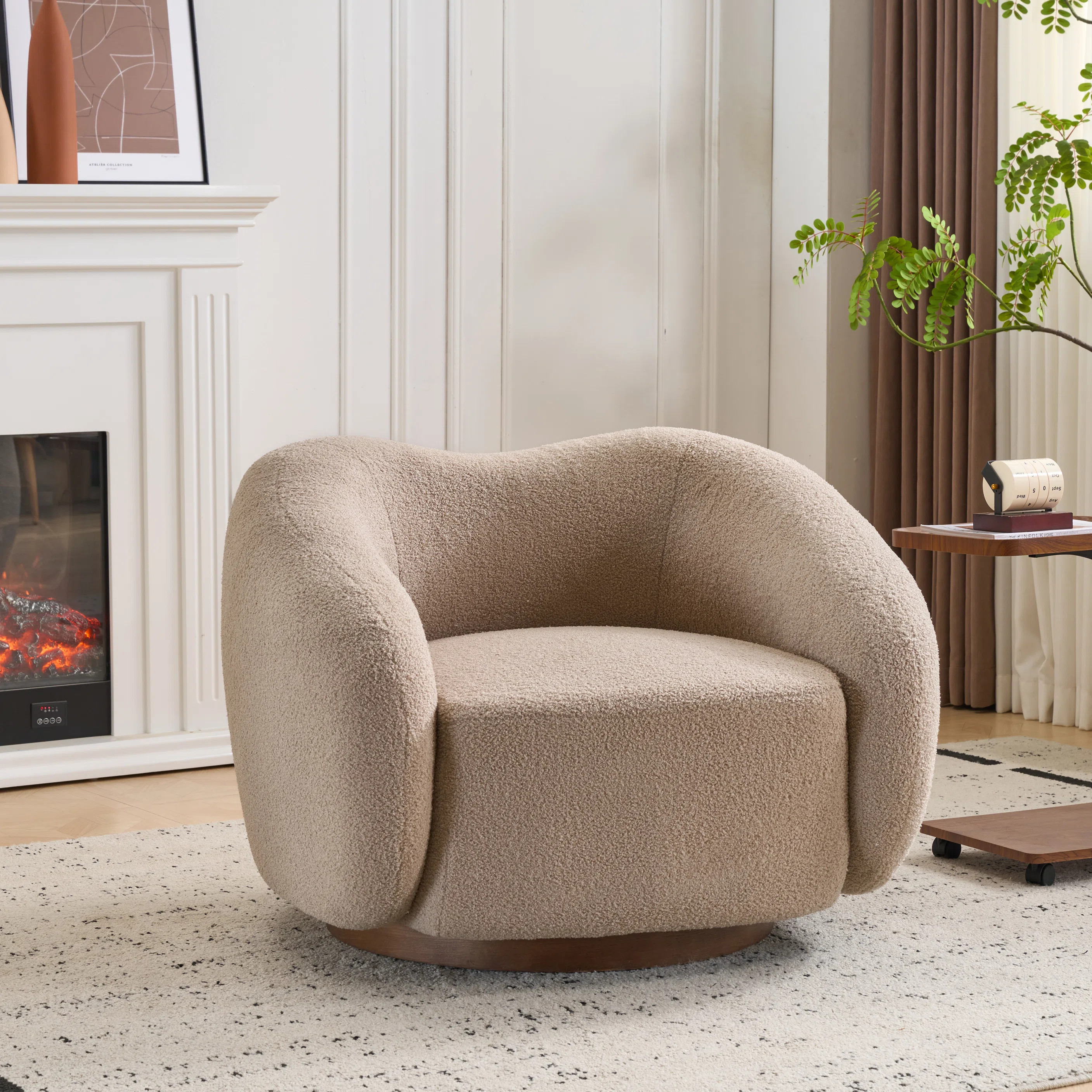 Rowan Mid-Century Modern Bouclé Swivel Club Chair with Bentwood Base | Wayfair North America