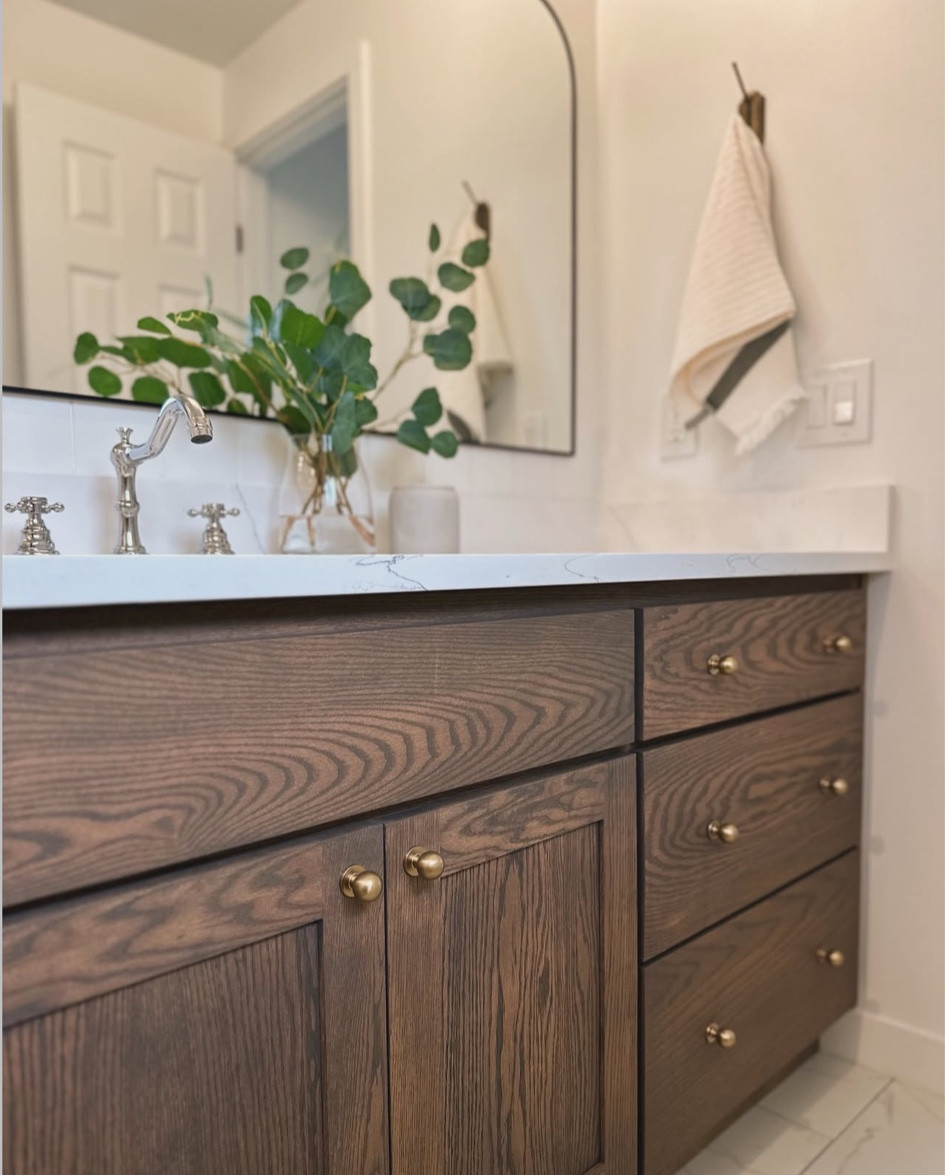 All the details and sources!

Cabinet is custom made and the stain color is Briarsmoke by Varathane.
Countertops are local Alaska Bianca quartz from JY granite in Eugene, Oregon.
Wall color is Pure White by Sherwin Williams.

Bathroom cabinets, bathroom remodel, bathroom ideas, bathroom inspiration, cabinet hardware, brass hardware, bathroom decor

#LTKFindsUnder50 #LTKStyleTip #LTKHome