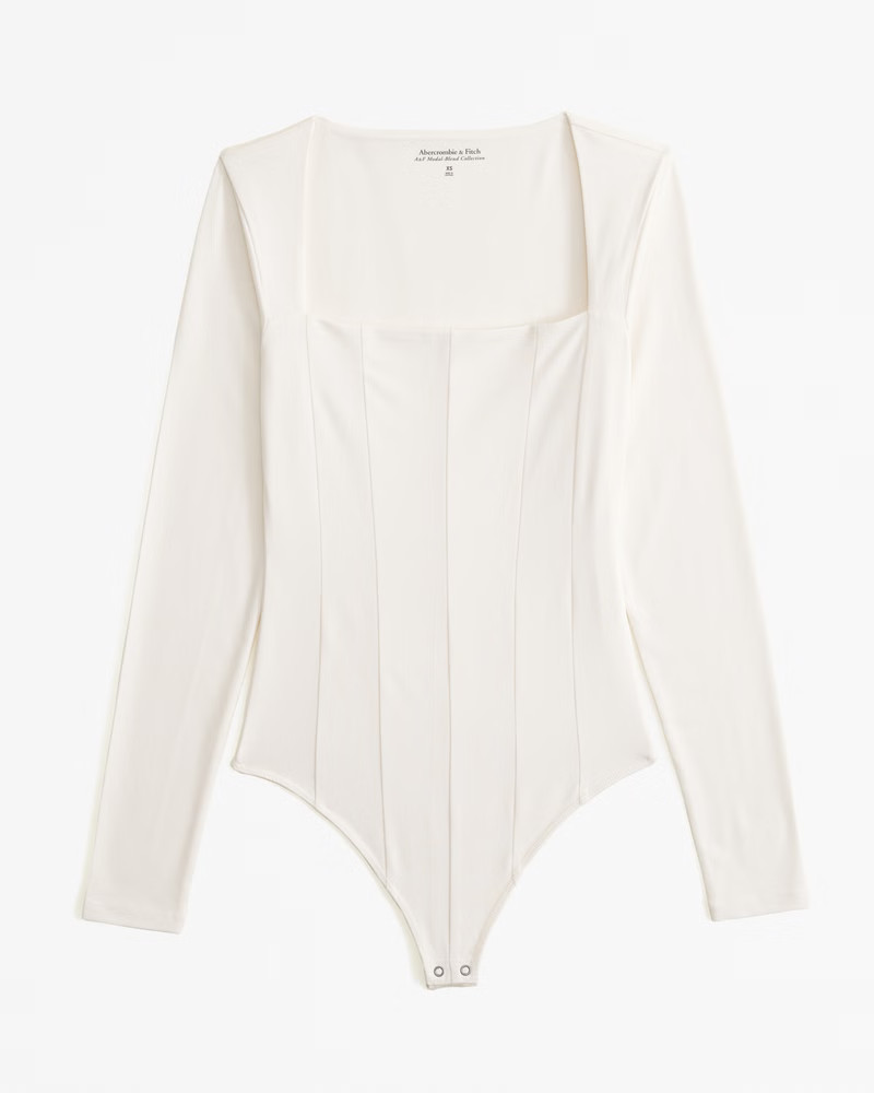 Long-Sleeve Cotton-Modal Squareneck Corset Bodysuit | Abercrombie & Fitch (US)