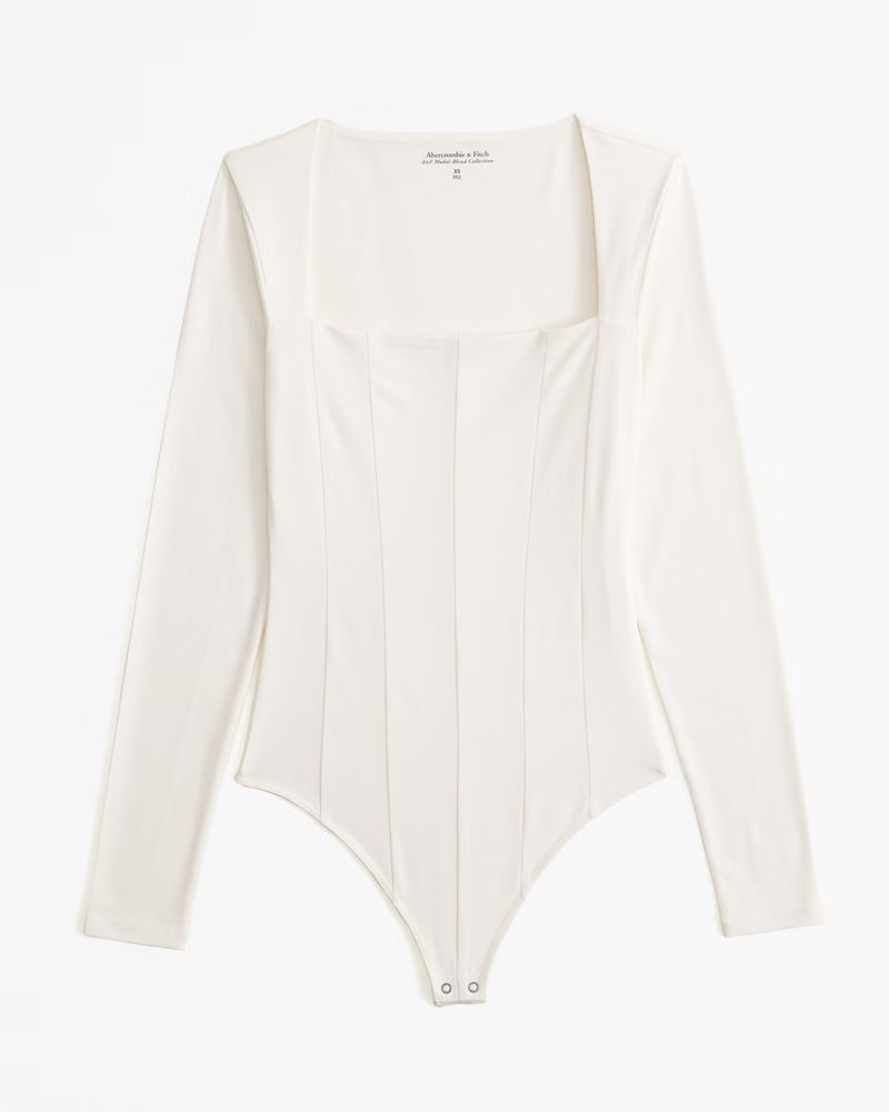 Women's Long-Sleeve Cotton-Modal Squareneck Corset Bodysuit | Women's Up To 40% Off Select Styles... | Abercrombie & Fitch (US)