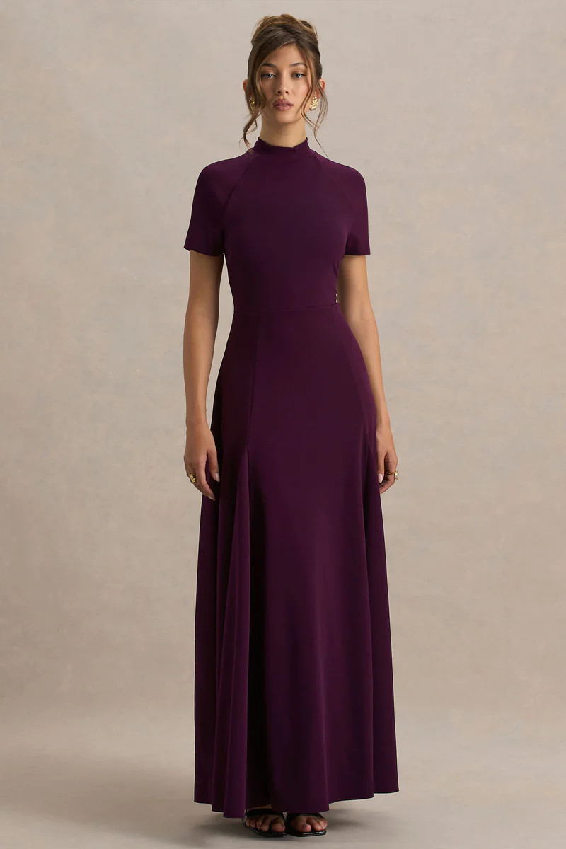 Alea | Burgundy High-Neck Short-Sleeve Maxi Dress | Club L London