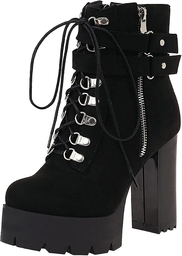Trendenzy Womens Platform Lace Up Ankle Boots Chunky High Heel Autumn Winter Shoes | Amazon (US)