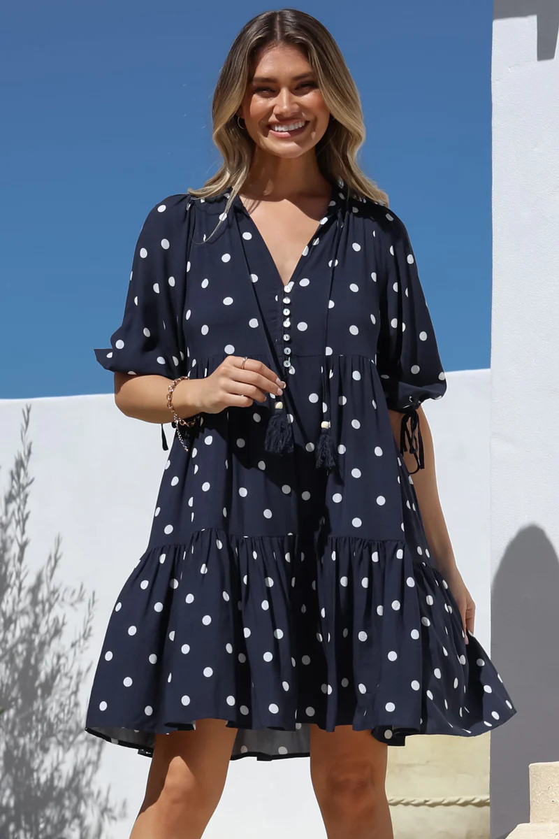 Shop Dresses: Marah Mini Dress - Parisian Polka Navy | saltycrush.com | Salty Crush