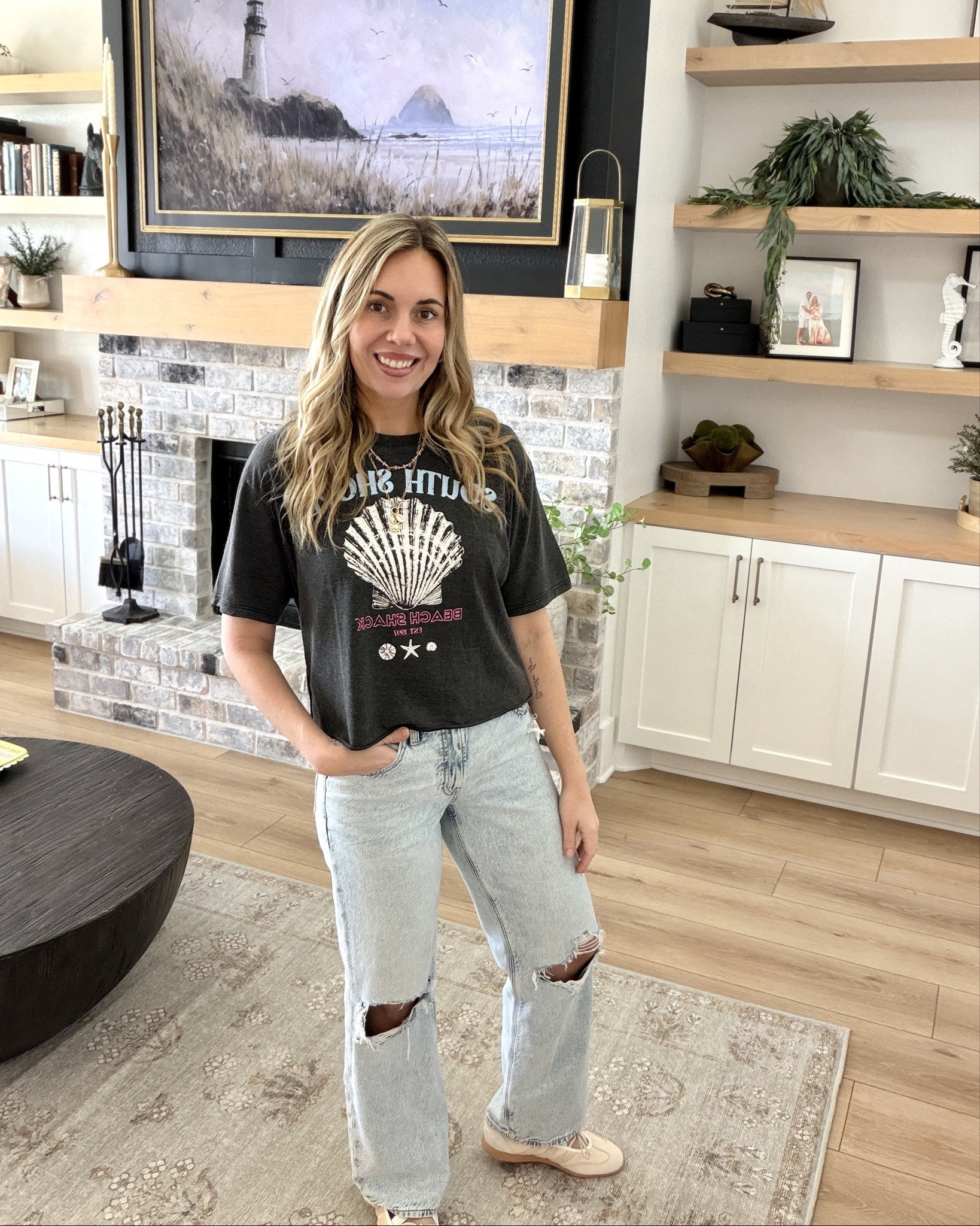 Walmart graphic tees and sweatshirts for Spring and summer! Is size up in the tees for a bit of length and size down in the sweatshirts unless you want an oversized fit! The XS sweatshirt fit me perfectly and I’m a small and I’d prefer a medium in the tees but this was a small. These are my fave AE jeans! I size down to a 2 to get this more snug fit because they run loose and I also prefer a long length in these because I’m 5’7 and this style runs a tag short. I recommend sizing down half a size in these adidas Mary Jane sneakers! I’m an 8-8.5 and do the 8 and have a bit of room in them. Absolutely my vibe with the seas shells and palm trees. LOOOY DISCOUNT CODE: WIFEONADIME #walmartstyle @walmart #walmart #seashell #coastal 

#LTKootd #LTKmomlife