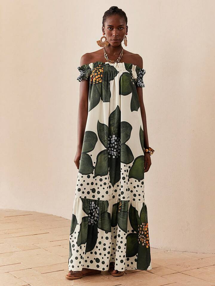 SHEIN Lady Women's Fashion Floral Print Off-Shoulder Super Long Dress, Vacation Style Women Dresses Summer African Woman Clothing New Arrivals Women Dress African Dress Dresses For Women Summer Spring,Bohemia | SHEIN