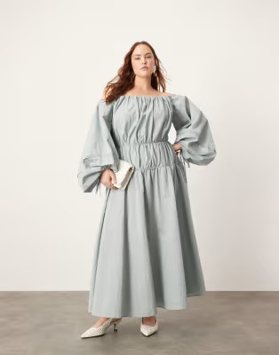 ASOS EDITION Curve – Maxikleid in Blau mit Carmen-Ausschnitt, Faltendetail und Ballonärmeln | ... | ASOS (Global)