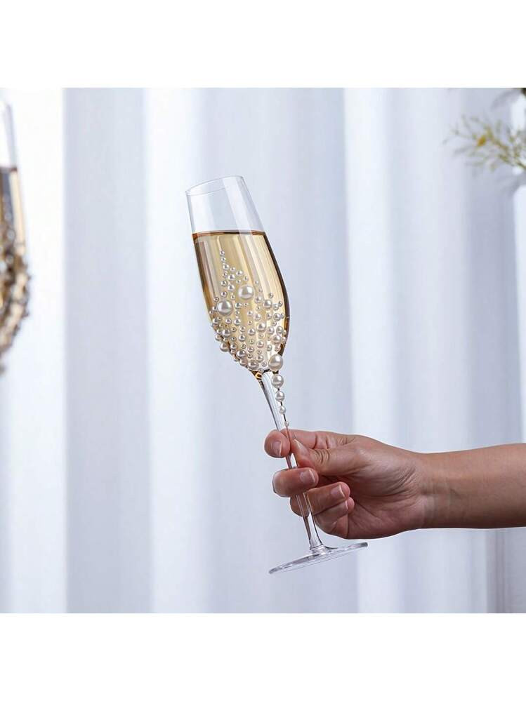 Elegant Pearl Decorated Champagne Flute - Lead-Free Glass, Etched Pattern, Stemmed, Insulated, Re... | SHEIN