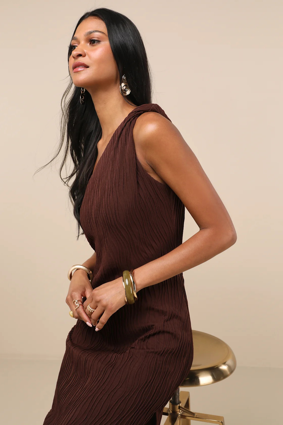 Aristea Brown Textured One-Shoulder Midi Dress | Lulus