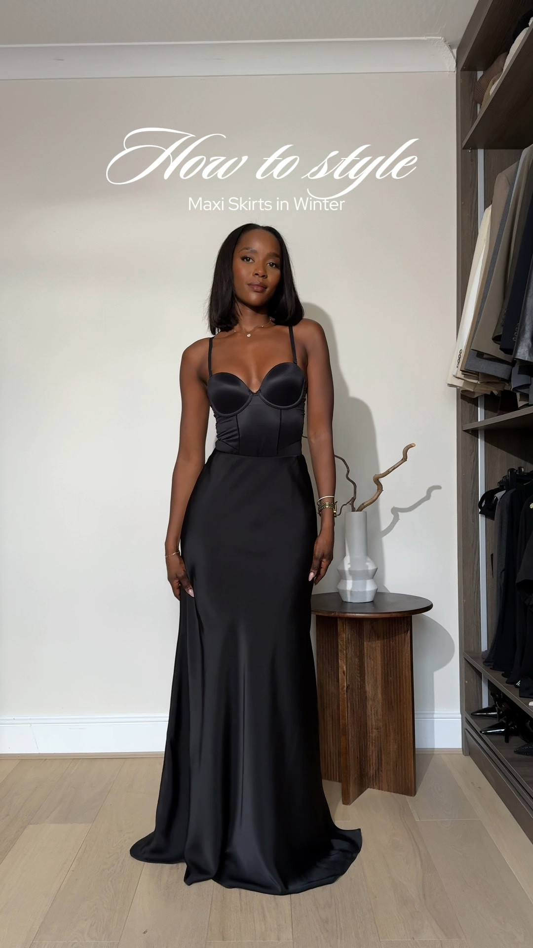 How to style maxi skirt for winter 
Maxi Skirt> https://centifashion.com/products/autumn-bias-cut-satin-maxi-skirt