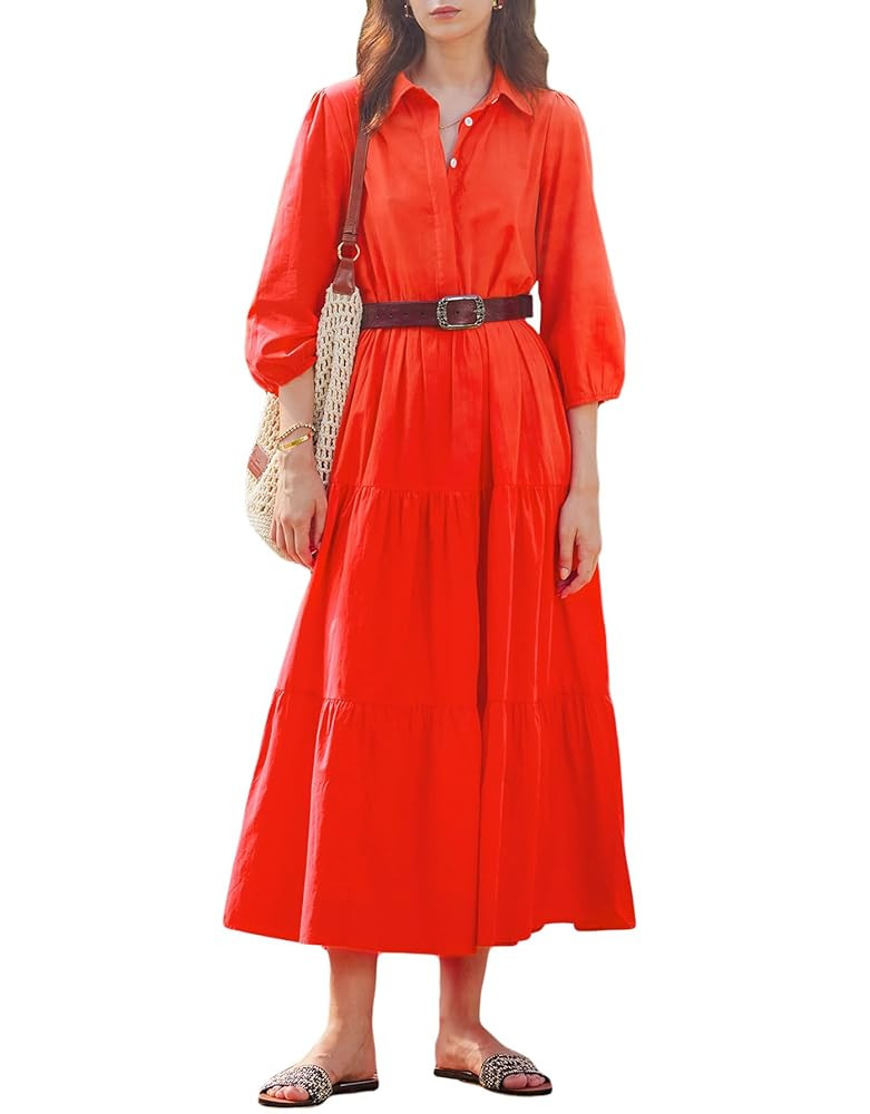 Women Button Down Maxi Shirt Dress Long Sleeve Flowy Tiered Collared Dresses with Pockets | Amazon (US)