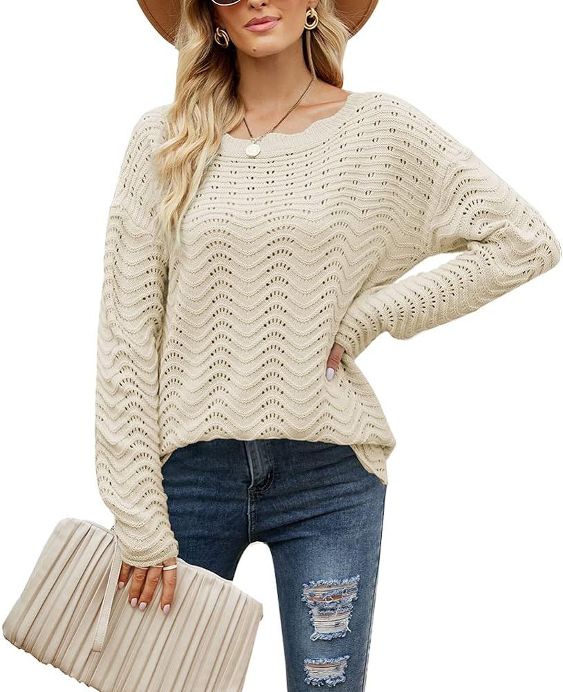 Amazon.com: Women's Crochet Hollow Out Sweater One-Line Neck Loose Sweater Solid Color Knit Sweat... | Amazon (US)