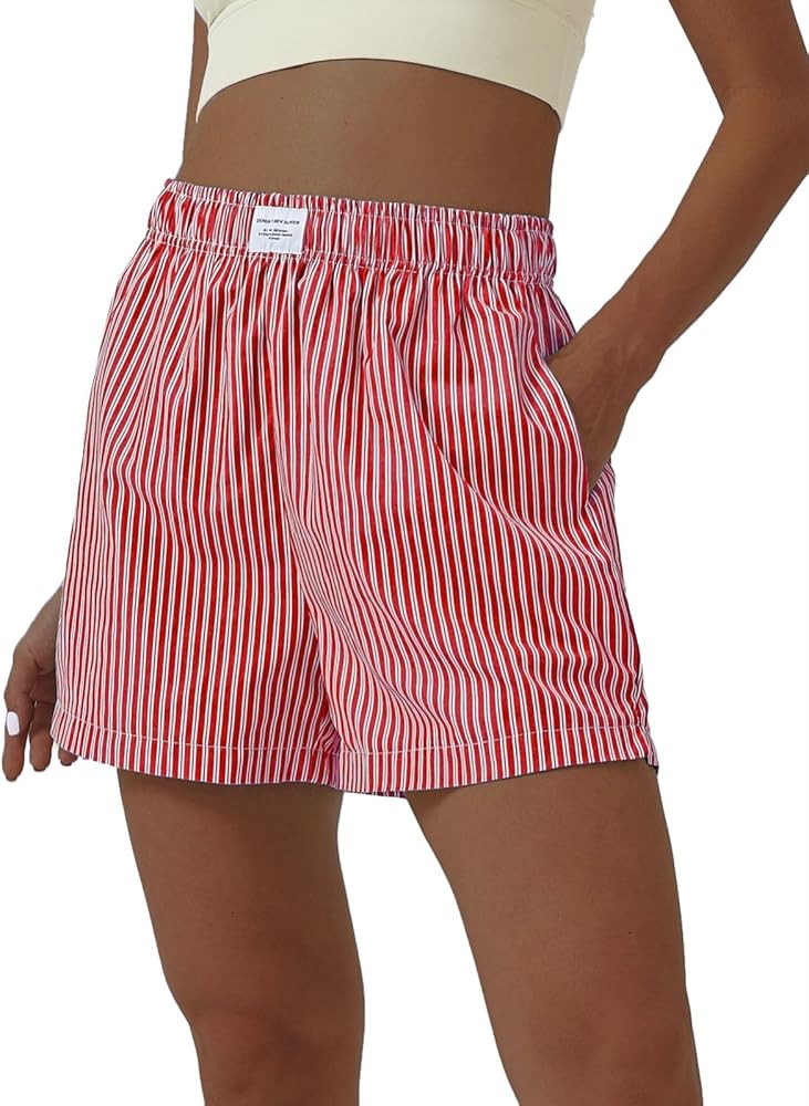 Women's Striped Shorts Elastic High Waisted Summer Casual Straight Leg Shorts with Pockets | Amazon (US)