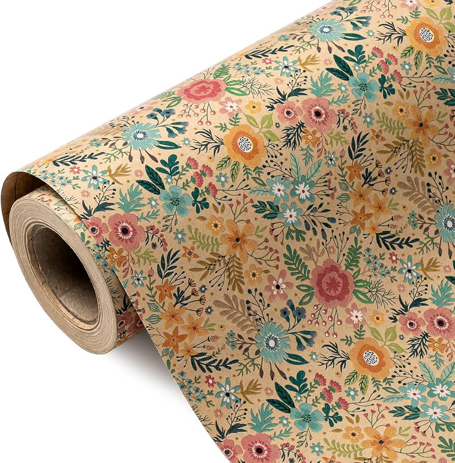 WRAPAHOLIC Kraft Floral Wrapping Paper Roll - Mini Roll - 17 Inch x 9.8 Feet - Spring Summer Gard... | Amazon (US)