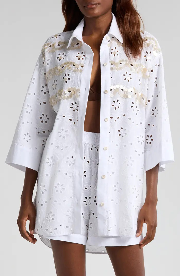Agua Bendita Chrissy Kai Eyelet Cover-Up Button-Up Tunic | Nordstrom | Nordstrom