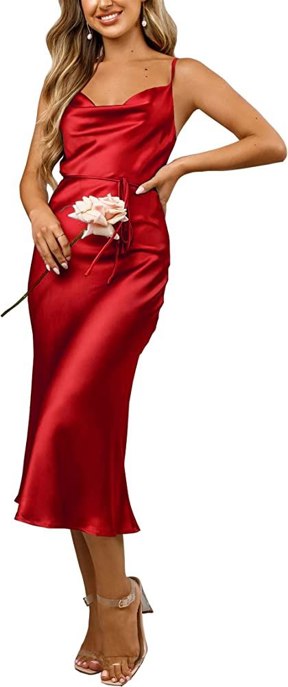 Women's Sleeveless Spaghetti Strap Satin Wedding Guest Party Dress Cocktail Evening Cowl Neck Backle | Amazon (US)