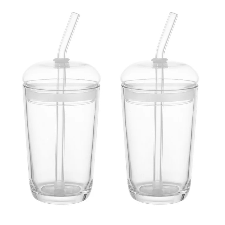 Better Homes & Gardens Dome Lid Glass 16 oz Drinkware with Lid and Straw, Set of 2 | Walmart (US)