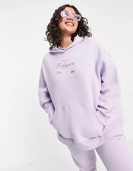 COLLUSION Plus oversized hoodie, t-shirt & sweatpants set with branding in lilac | ASOS | ASOS (Global)