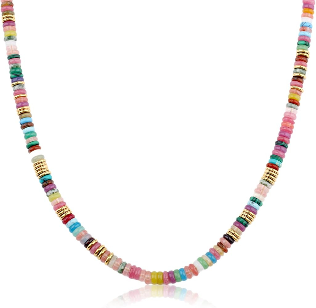 Mikovivi Colorful Beaded Necklace, Multicolor Natural Stone Boho Beaded Rainbow Gemstone Necklace... | Amazon (US)