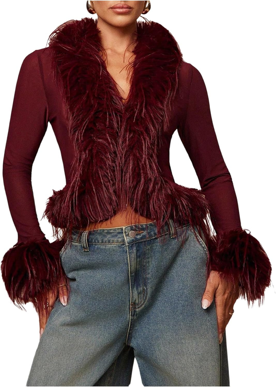 WDIRARA Women's Faux Fur Tops Sheer Mesh Fuzzy Long Sleeve Y2k Tee Shirts | Amazon (US)