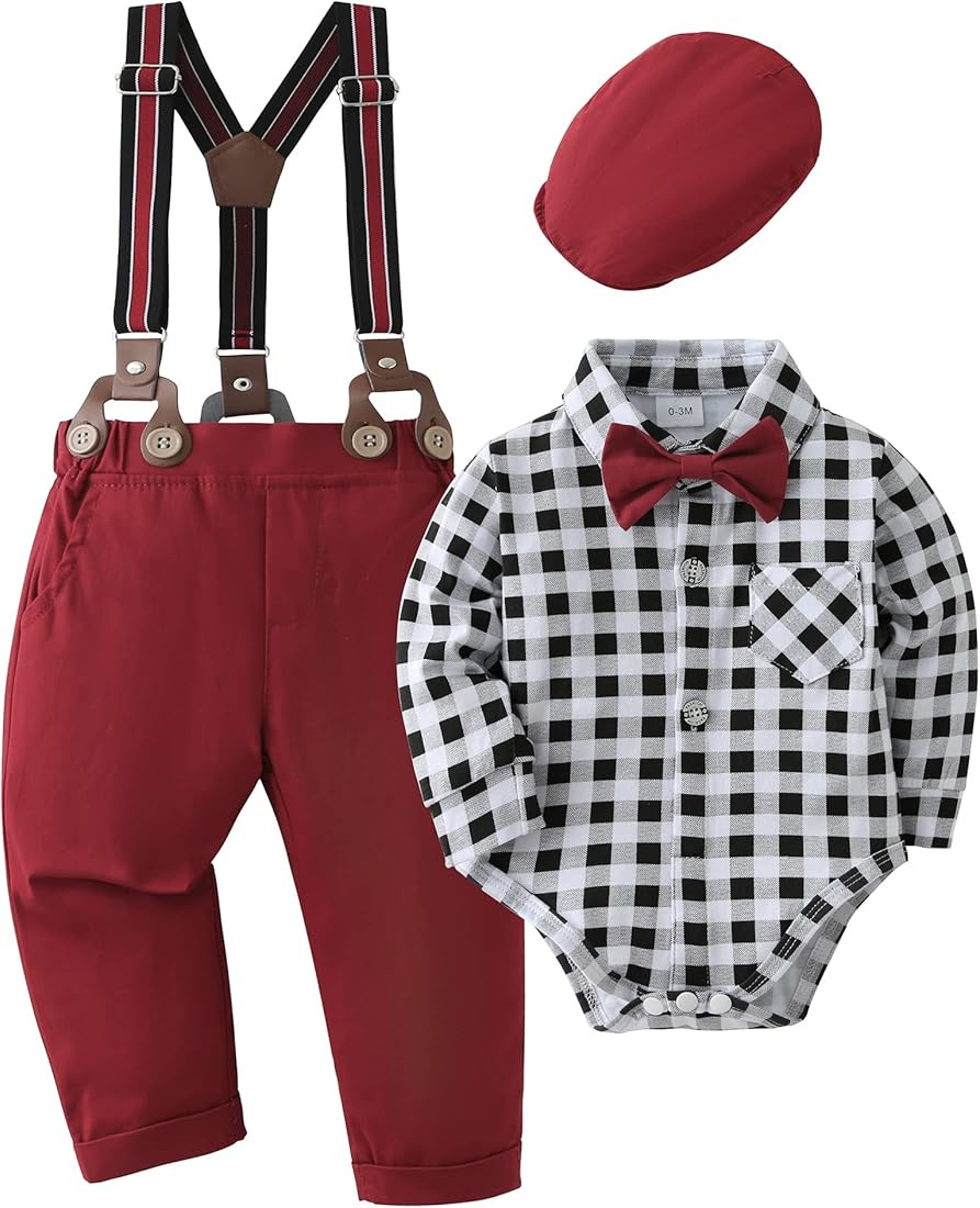 YUEMION Baby Boy Clothes Set Infant Tuxedo Long Sleeve Gentleman Suit Outfits +Beret Hat +Suspend... | Amazon (US)