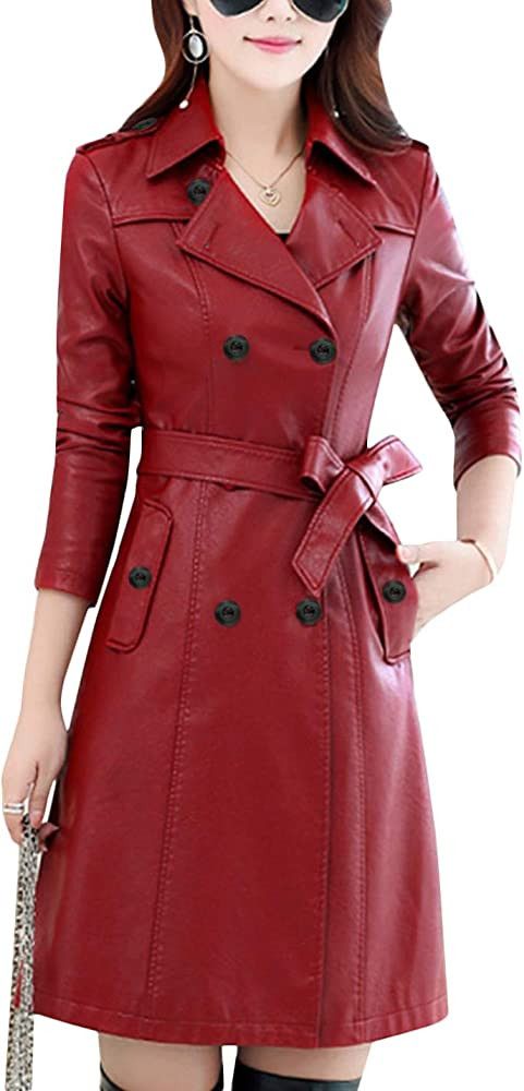 Tanming Womens Fashion Lapel Double Breasted Lambskin Leather Mid Long Jacket Coat | Amazon (US)