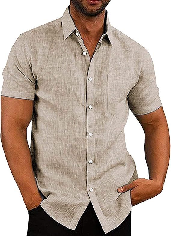 COOFANDY Men's Linen Shirts Casual Button Down Short Sleeve Summer Beach Shirt Hawaiian Vacation ... | Amazon (US)