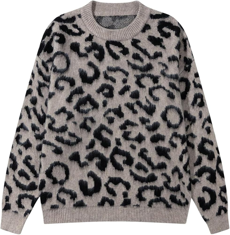 Men's Y2k Leopard Sweater Fuzzy Oversized Cheetah Crew Neck Unisex Sweater Jumper Streetwear | Amazon (US)