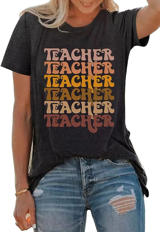 Women Teacher T-Shirt Cute Teach Printed Graphic Tee Funny Short Sleeve Teacher Gifts Tees Tops | Amazon (US)