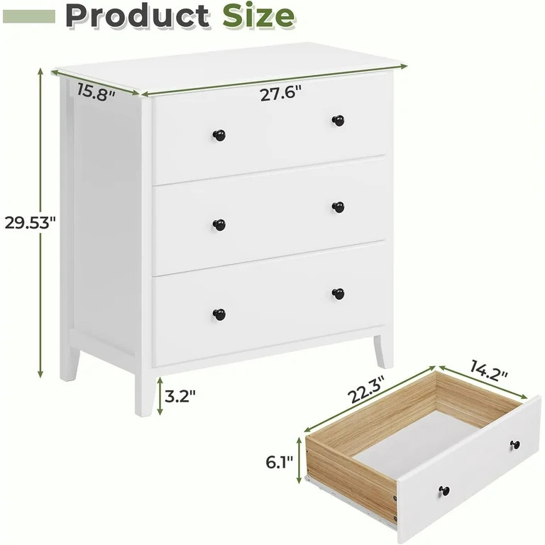 Afuhokles White Dresser for Bedroom, 3 Drawers Solid Wood Dresser, Modern Dresser with Wide Stora... | Walmart (US)
