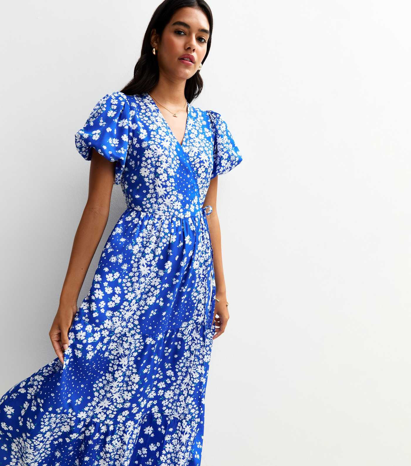 Blue Floral Print Puff Sleeve Wrap Midi Dress | New Look | New Look (UK)