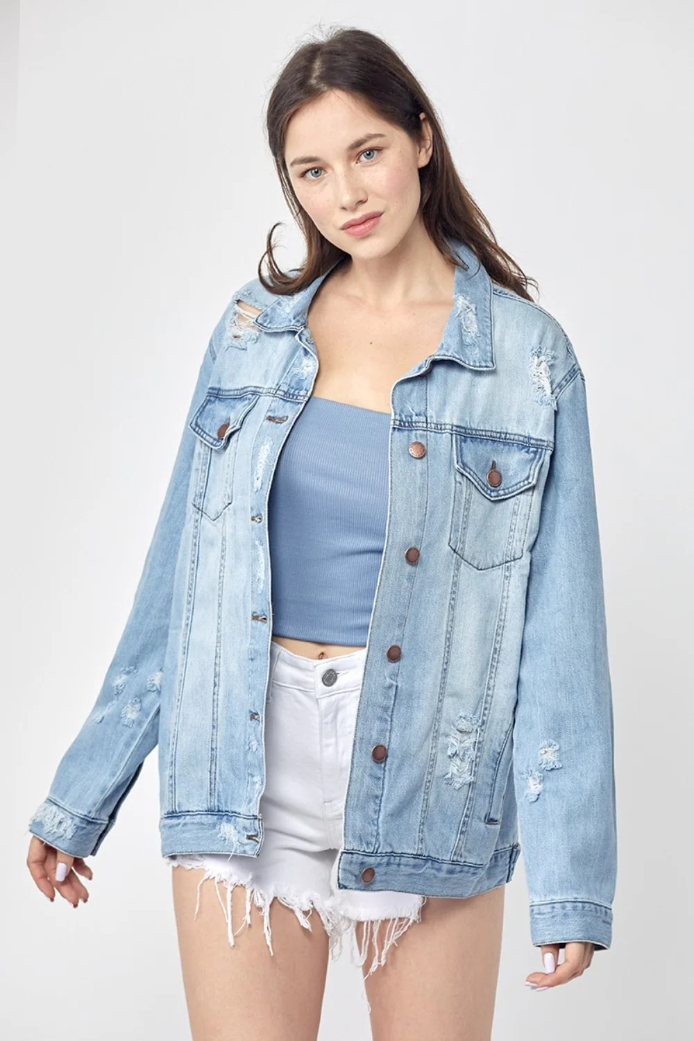 Distressed Long Sleeve Denim Jacket in Light Wash M | Casual Chic Boutique