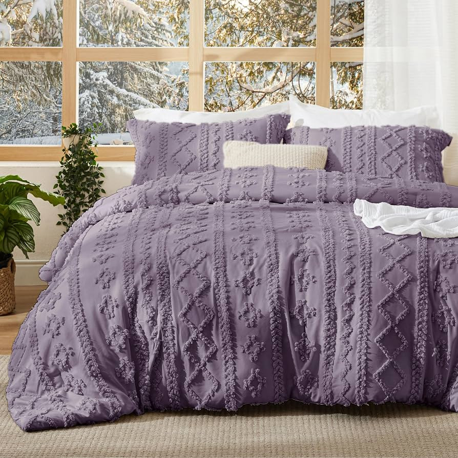 Bedsure Tufted Boho Comforter Set Queen Size - Grayish Purple Boho Bed Set, GentleSoft™ 3 Piece... | Amazon (US)
