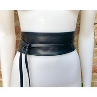 Black Obi Belt in Soft Leather. Longer Option Wrap Belt. Black Waist . Wraparound Black Genuine Boho Dress | Etsy (US)