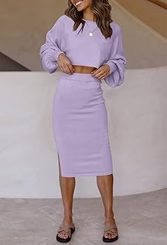 ZOWODO Women's Casual Two Piece Solid Color Ribbed Knit Long Sleeve Tops and Bodycon Midi Skirt S... | Amazon (US)