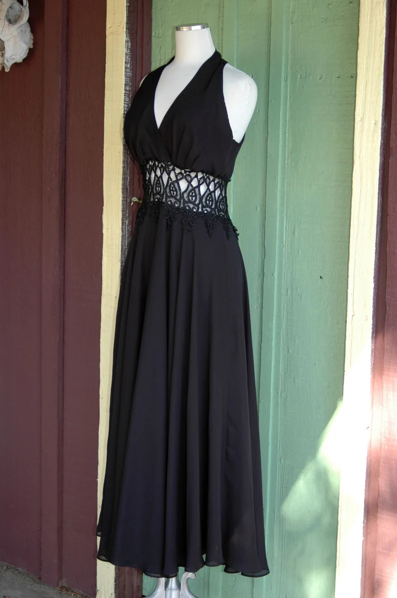 1990s Black Formal Evening Gown With Open Caged Lace Stomach // 90s Party Dress With Peekaboo Sto... | Etsy (US)
