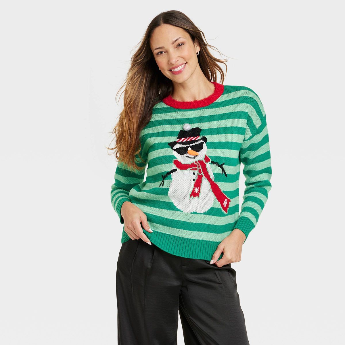 Women's Striped Snowman Graphic Sweater - Green | Target