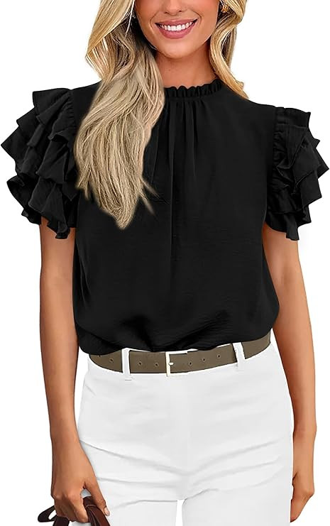 KIRUNDO Women's Summer Dressy Casual Blouses Crewneck Short Sleeve Ruffle Business Office Work Sh... | Amazon (US)