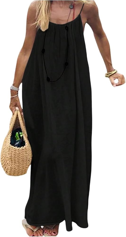 SHENHE Women's Open Back Spaghetti Strap Beach Maxi Dress Loose Flowy Vacation Sundress | Amazon (US)