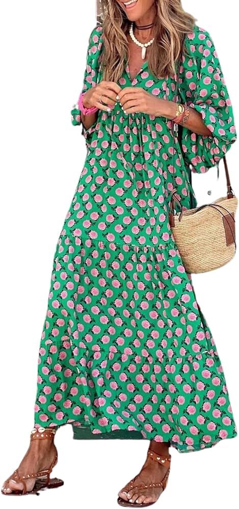 Womens Floral Print Puff Sleeve Maxi Dress 2023 Fall Oversized Casual Flowy Ruffle Streaks Patter... | Amazon (US)