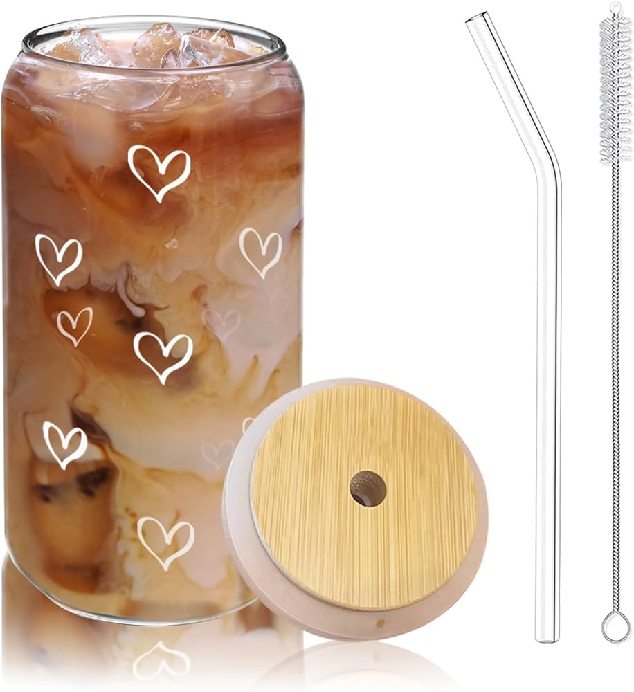 Heart Patterened Iced Coffee Cup with Bamboo Top + Glass Straw | 16oz Can Shaped Glass | Smoothie... | Amazon (US)