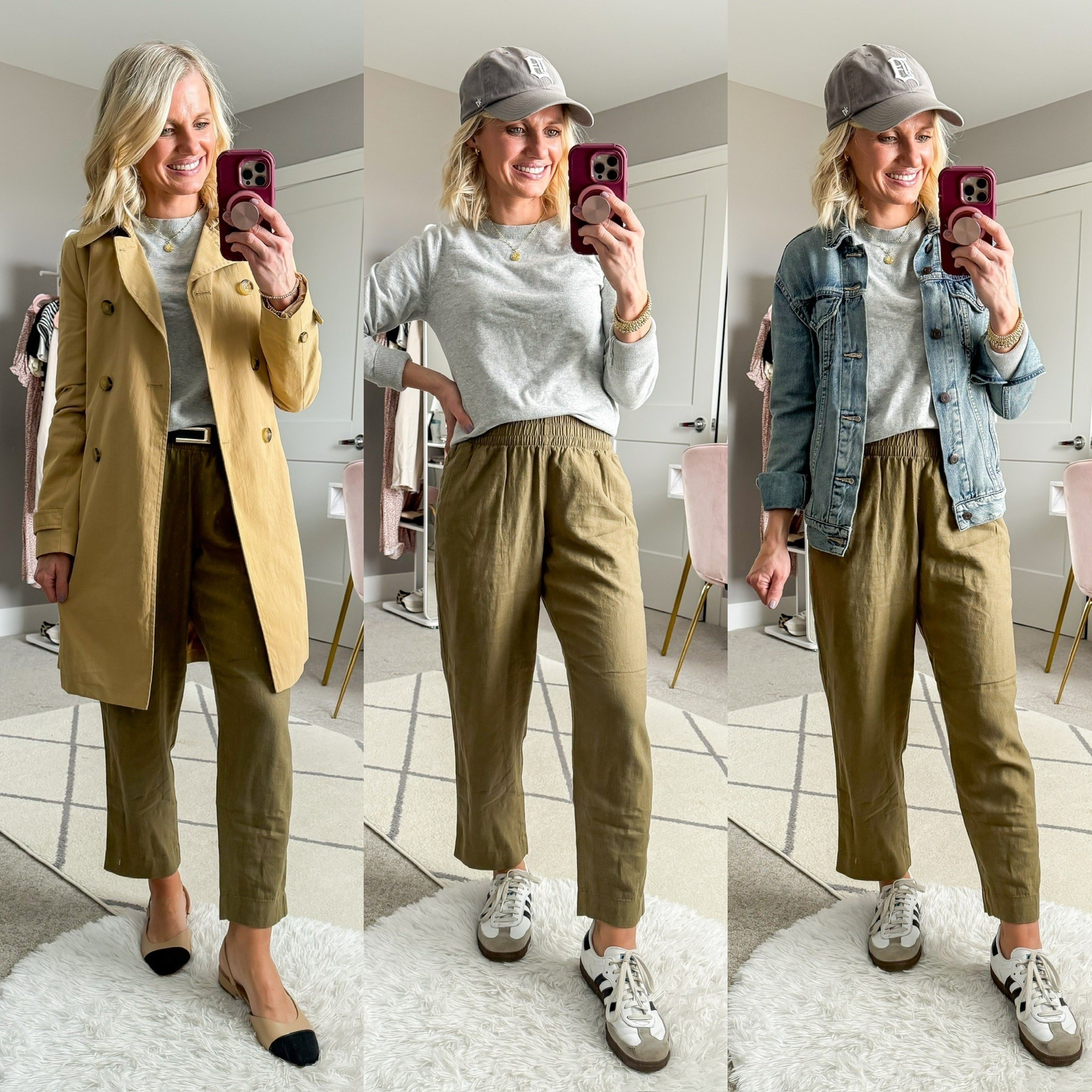 Spring capsule wardrobe outfits with green linen pants and a gray sweater 

#LTKStyleTip #LTKSeasonal #LTKPetite
