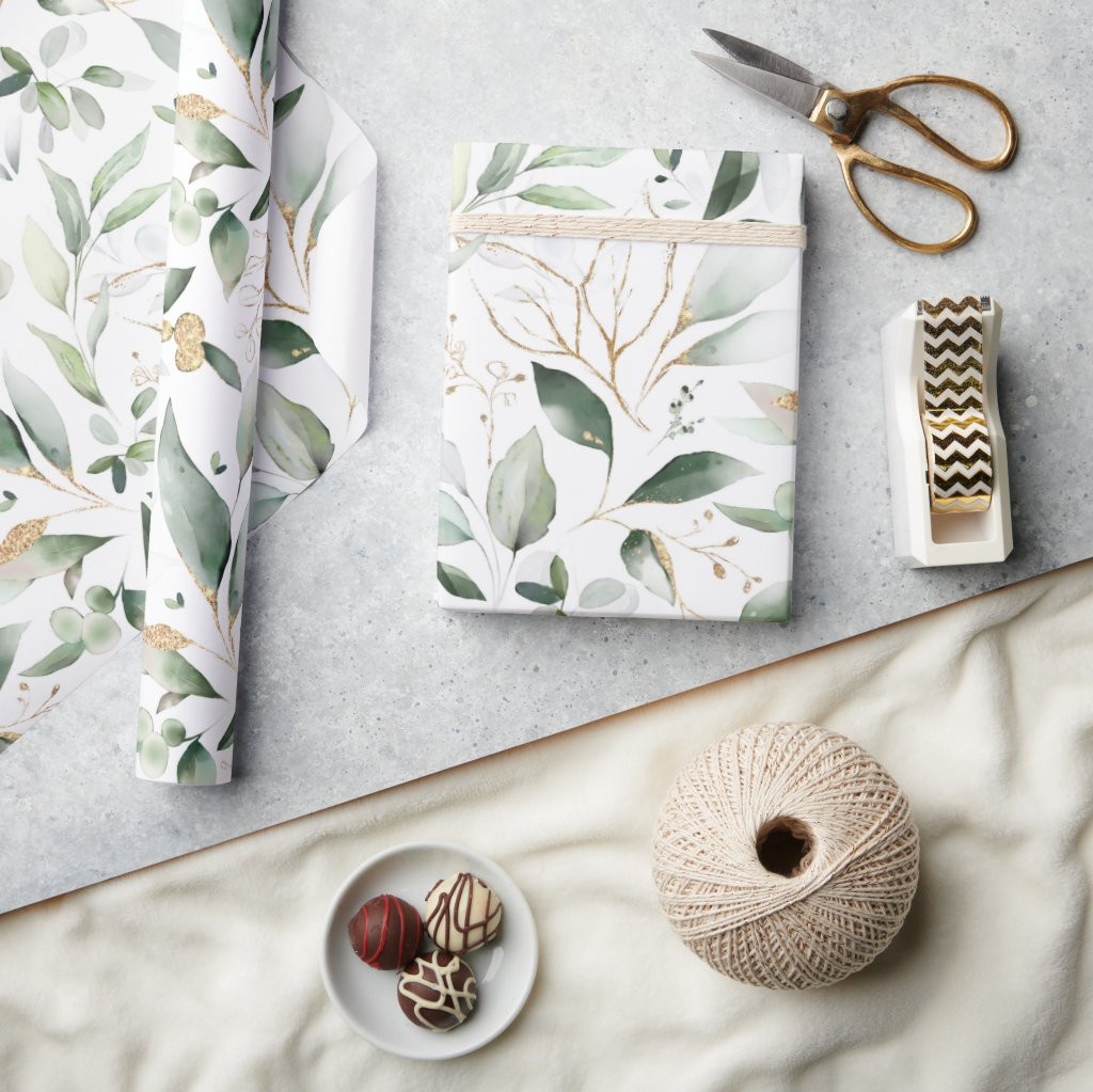 Elegant Gold Eucalyptus Greenery Leaves Wrapping Paper | Zazzle