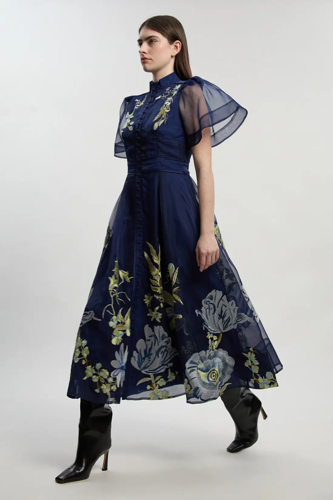 Dresses | Petite Botanical Embroidery Organdie Angel Sleeve Midi Dress | KarenMillen | Karen Millen UK + IE + DE + NL