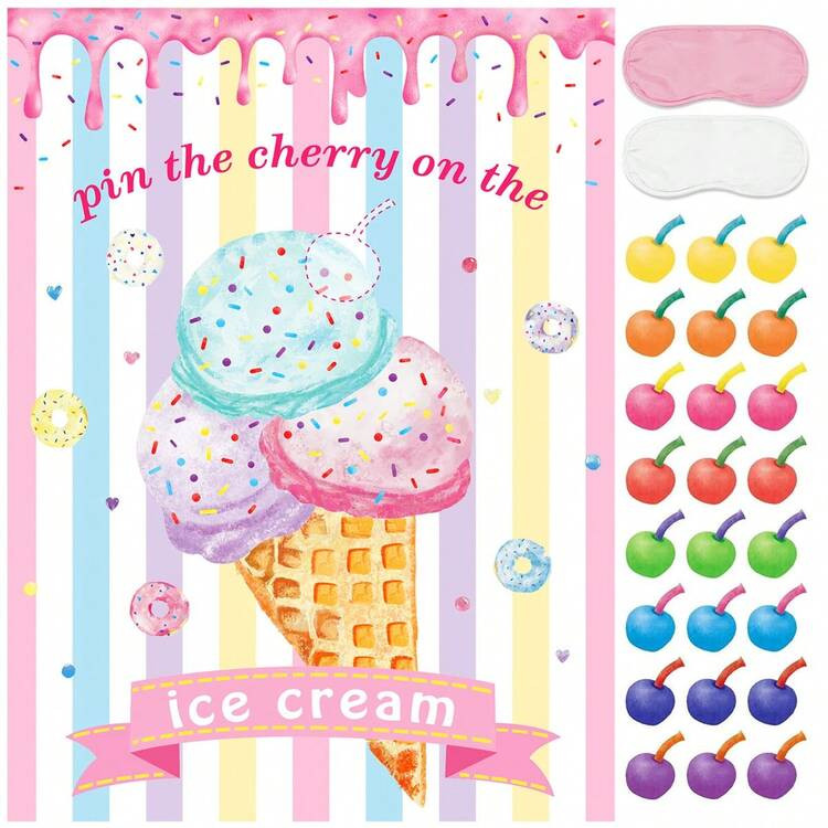 Pin The Cherry On Ice Cream Game With 24 Cherry Stickers Game Poster For Birthday Party | SHEIN