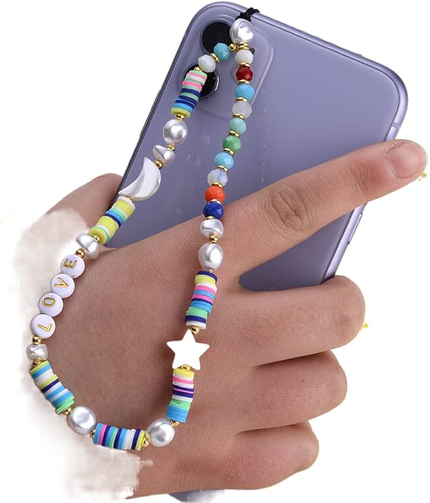 SYSUII Beaded Phone Lanyard Wrist Strap,Kawaii Love Heart Letters Star Moon Beaded Phone Charm Co... | Amazon (US)