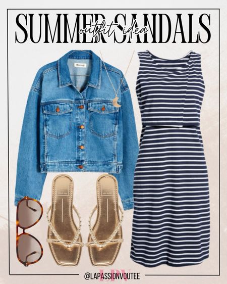 Summer chic: Pair your favorite denim jacket with a stylish striped dress for a perfect sunny day look. Complete the ensemble with a statement necklace, trendy sunglasses, and elevate the outfit with classy pearl flip flops. Effortlessly stylish from head to toe! ☀️👗🕶️

#LTKSeasonal #LTKStyleTip