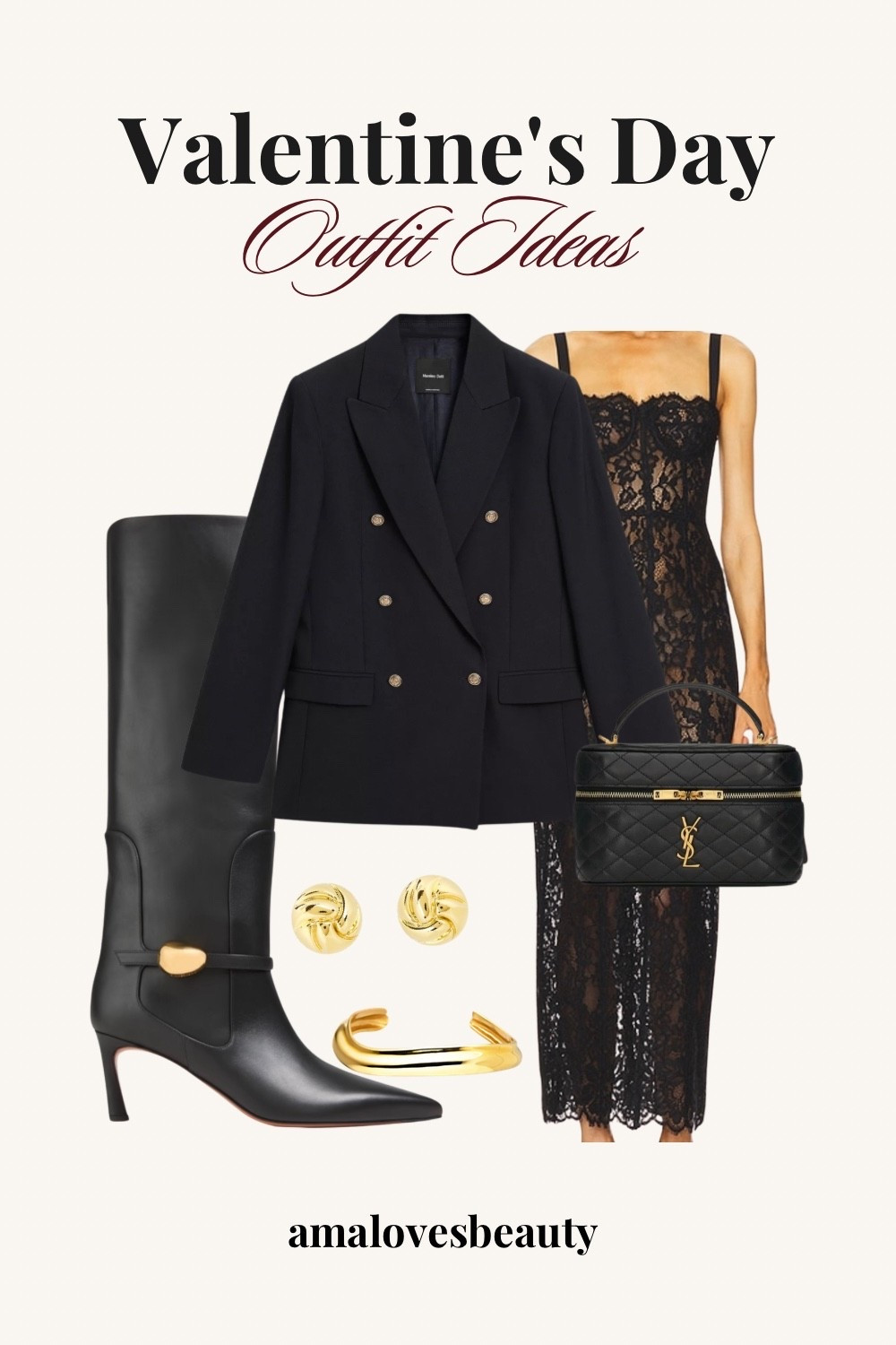 Valentine's Day outfit ideas, Valentine's Day look, a romantic Date night look that feels intentional, dinner date look, black outfit inspo for women, elegant Valentine's outfit, soft dinner date outfit.

Lace dress| dressy dinner, date night.
Double breasted blazer| elegant Date night.
Black boots | winter Date night, boots can be swapped for kitten heels ( optional )


#LTKValentine #LTKgrwm #LTKootd